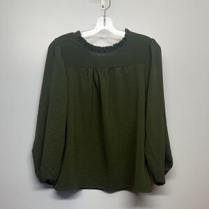 Little Mountain Ruffle-Neck Olive Green Long Sleeve Lightweight Blouse SIZE M